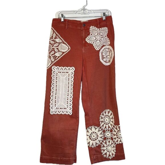 Paige Nellie Culottes Jeans Orange Poppy Doilie Lace Embellished Womens Size 30 - Picture 1 of 10